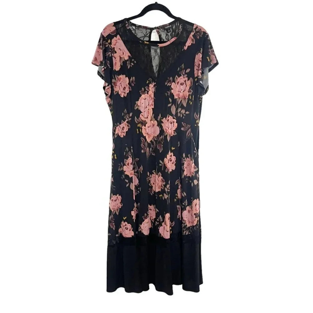 Torrid Pink & Black Lace Inset Floral Midi Dress with Pockets Women's Size 1X